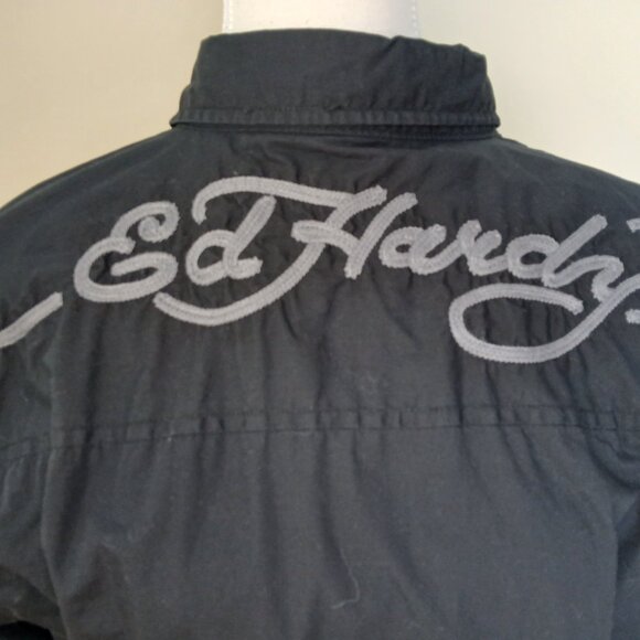 Vintage Christian Audigier Ed Hardy Love Kills Slowly Button Down Shirt Black M - Picture 5 of 8